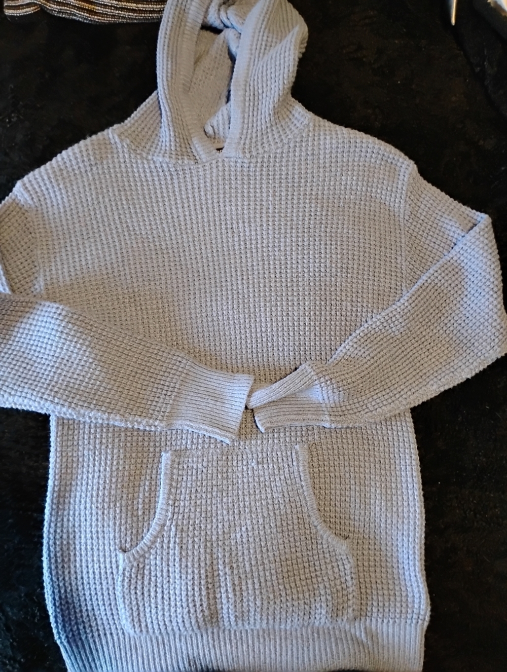 Revamped Light Blue Waffle Knit Hooded Sweatshirt